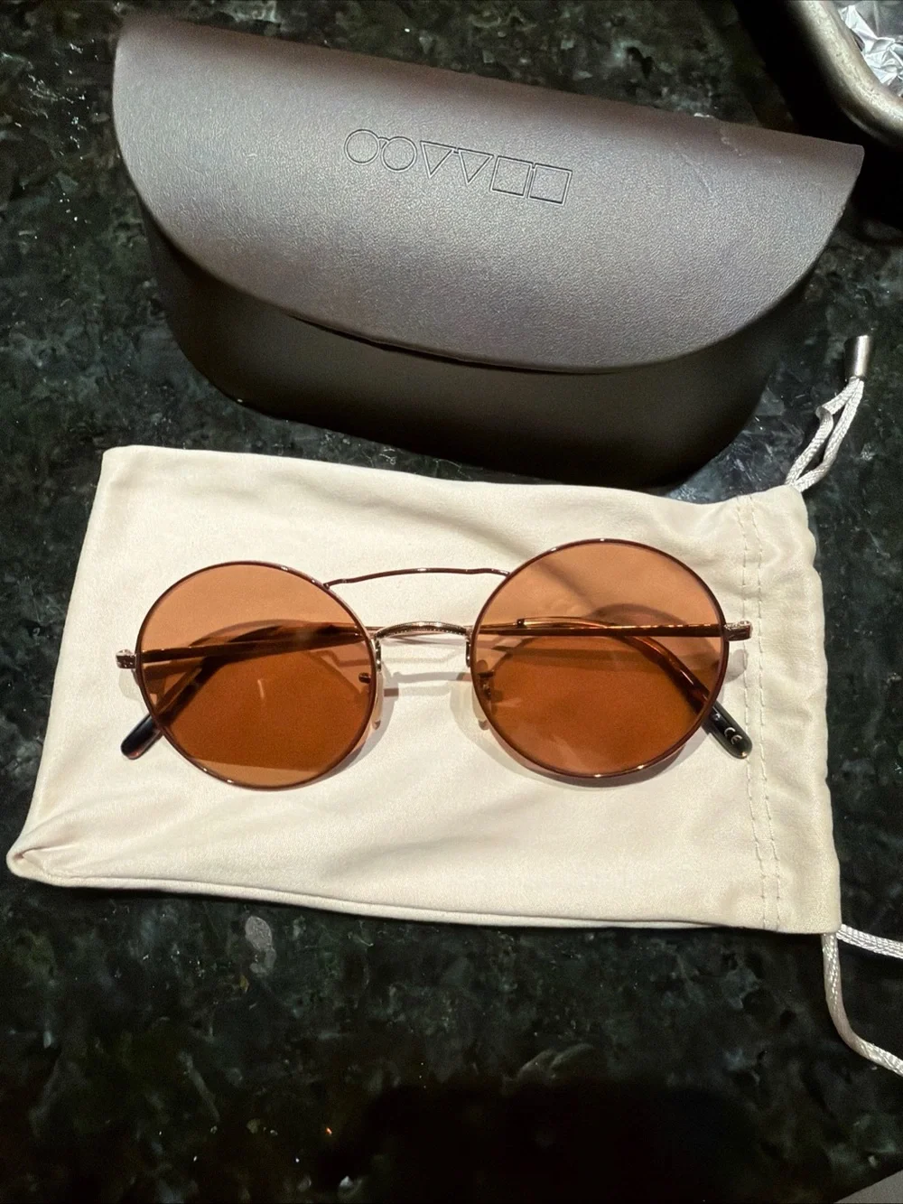 Oliver Peoples Round Metal Sunglasses with Amber Brown Lenses
